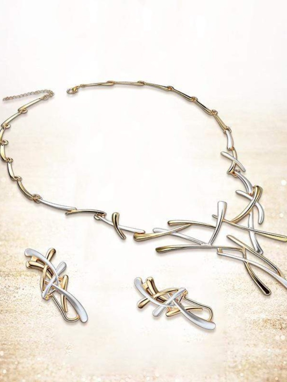 Womens Stainless Steel Silver and‎  Gold Geometric Necklace Earring Set